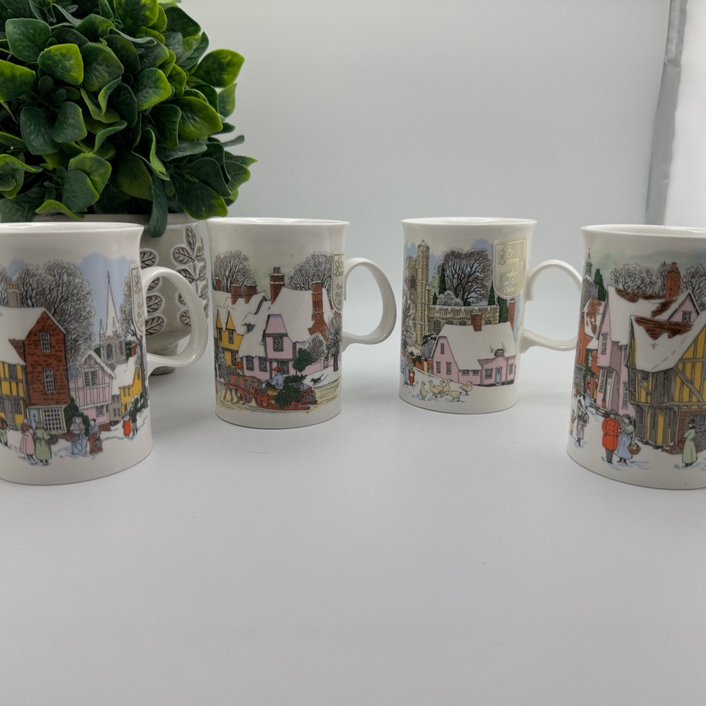 VTG Dunoon Fine Bone China CHRISTMAS PAST By Sue Scullard Coffee Mug Set England
